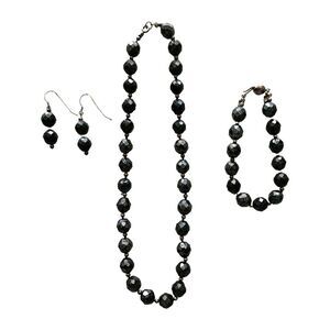 Vintage Black Round‎ Faceted Beads Necklace Bracelet Earrings Set